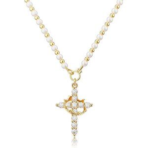 Crown Cross Necklace for Women 14K Gold Silver Plated Faith Birthstone Gift